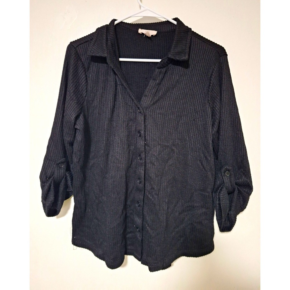 Como Vintage Women's Size XL Black Waffle Ribbed Button Front Roll Tab Top Shirt